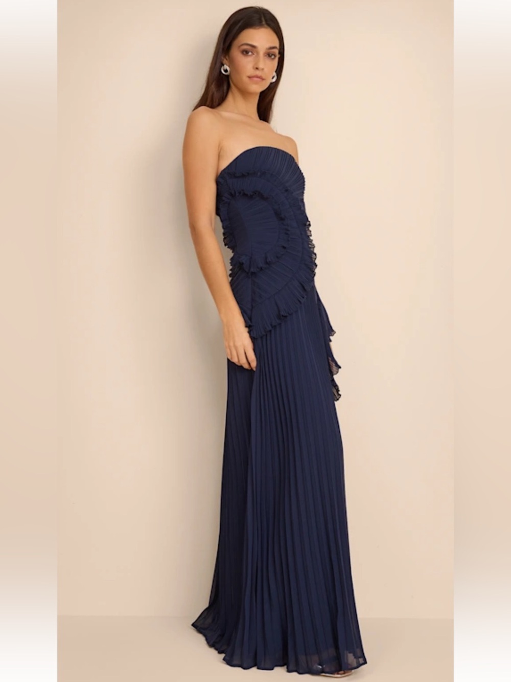 Brylee Navy Blue Pleated Ruffled Maxi Dress, Lulus